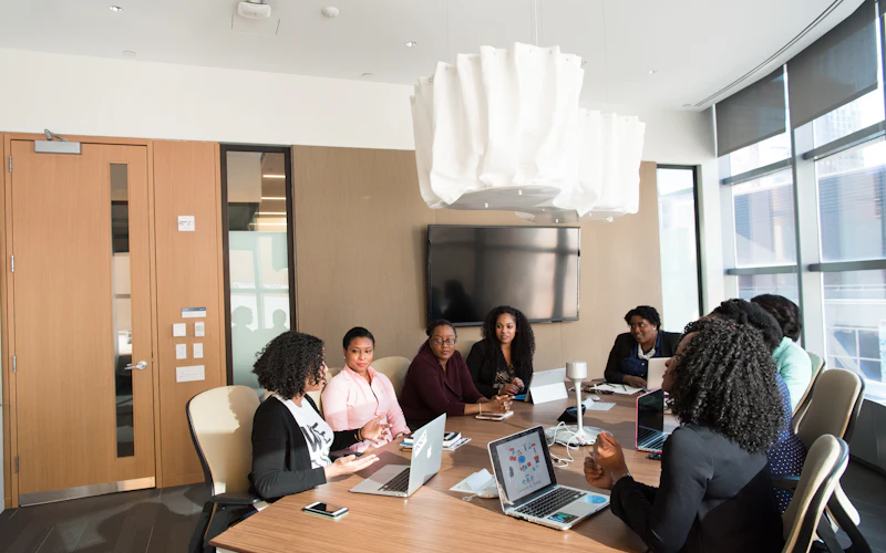 A team working together around a table in a bright office