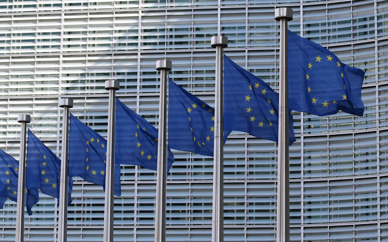 A row of European Union flags outside a modern office building